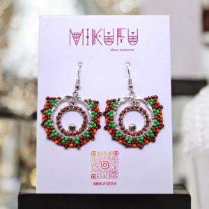 brown beaded earrings with a silver frame